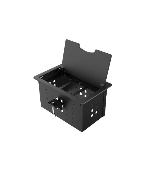 Прямоугольный металлический корпус Wize Pro WRTS-12BOX-B для модульной системы врезного лючка в стол с откидывающейся крышкой, до12 модулей-вставок, беспроводная зарядка 10Вт для моб.устройств на крышке, преустановленная рамка,черный