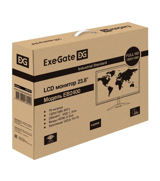 Монитор 23.8' ExeGate EB2400 TN+film 1920x1080, 60 Гц, 5 мс, 16:9, 200 кд/м2, 1xHDMI, 1xVGA, черный