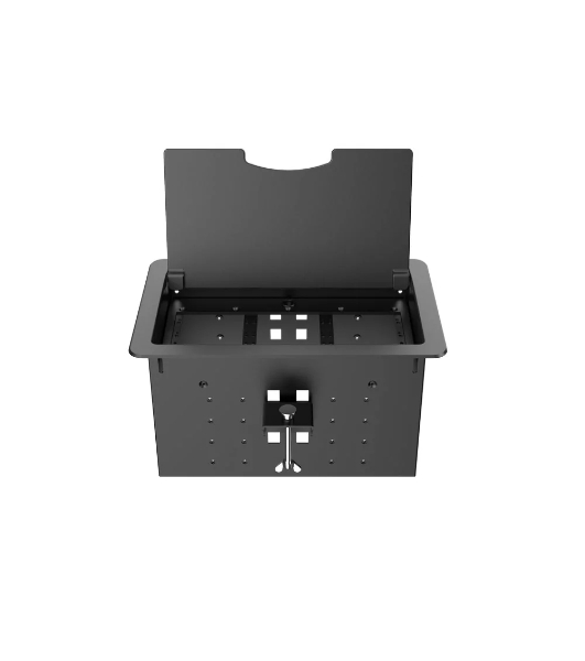 Прямоугольный металлический корпус Wize Pro WRTS-12BOX-B для модульной системы врезного лючка в стол с откидывающейся крышкой, до12 модулей-вставок, беспроводная зарядка 10Вт для моб.устройств на крышке, преустановленная рамка,черный