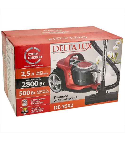 Пылесос Delta LUX DE-3502 красный, 500/2800 Вт, уборка сухая, пылесборник контейнер 2,5 л