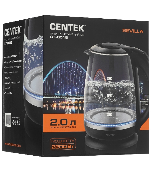 Электрочайник Centek CT-0015 черный/прозрачный, 2.0 л, 2200 Вт, скрытый нагревательный элемент