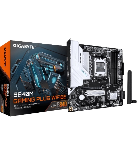 Материнская плата Gigabyte B840M GAMING PLUS WIFI6E, AM5, AMD B840, 4xDDR5, 4xSATA, 2xM.2, 1xPCIe 4.0 x16, 1xPCIe x1, 1xHDMI, 2xDP, 1x1Gb LAN, Wi-Fi 6E, Bluetooth 5.3, 1xUSB-C 10Gbps, 1xUSB-C 5Gbps, 1xUSB-A 10Gbps, 1xUSB-A 5Gbps, 3xUSB-A 2.0, 3x3.5 мм, 7.1, mATX