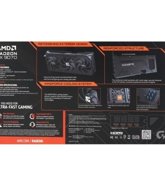 Видеокарта Gigabyte AMD Radeon RX 9070 GAMING OC, PCIe 5.0 16Gb GDDR6, 256 bit, 3 x DisplayPort, HDM, GPU 2070 MHz (GV-R9070GAMING OC-16GD)