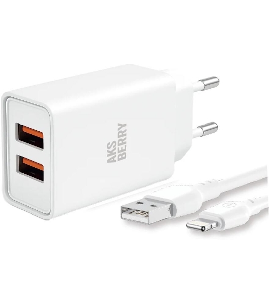Зарядное устройство Aksberry T38 2 USB 2.4A + Lightning, белый