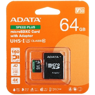 Флеш карта microSD A-DATA 64Gb microSDXC Class 10 UHS-I U3 V30 A2 160/140 MB/s (SD адаптер)
