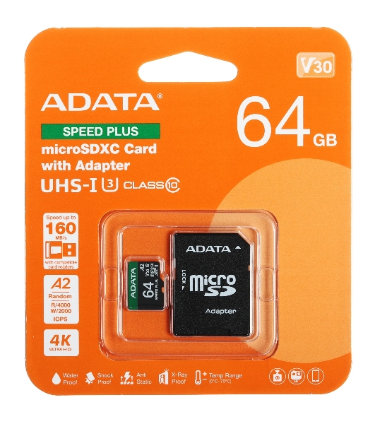 Флеш карта microSD A-DATA 64Gb microSDXC Class 10 UHS-I U3 V30 A2 160/140 MB/s (SD адаптер)