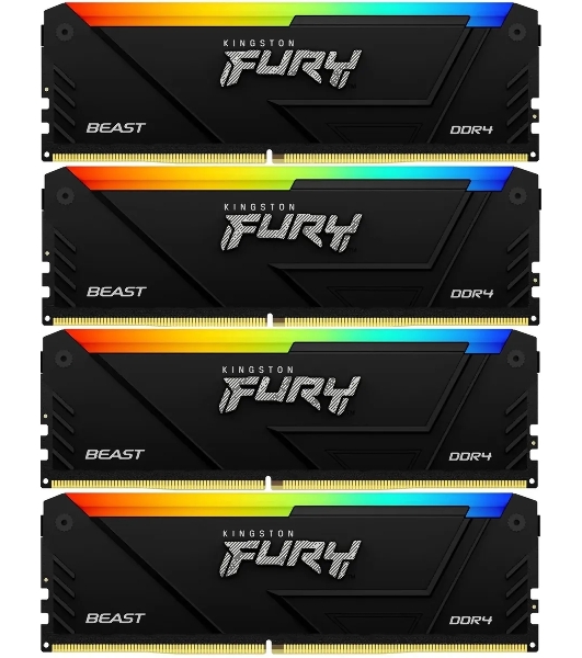 Оперативная память Kingston Fury Beast, DDR4, 32GB (4x8GB), 3200MHz, CL16, DIMM, с радиатором, RGB, черный