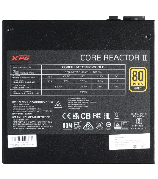 Блок питания ADATA XPG Core Reactor II COREREACTORII750GOLD RTL (COREREACTORII750G-BKCEU), 750Вт, 80 PLUS Gold, 120мм, модульный, черный