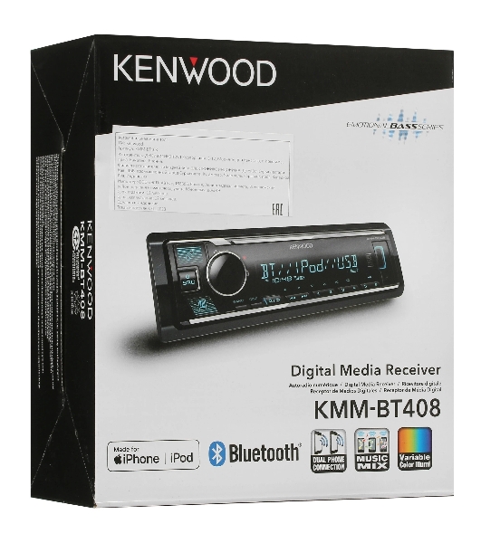 Автомагнитола Kenwood KMM-BT408, 1 DIN, Bluetooth, USB Type-A, AUX, съёмная панель