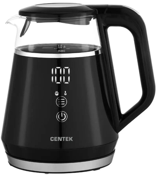 Чайник Centek CT-0019, 1100 Вт, стекло, черный и серебристый