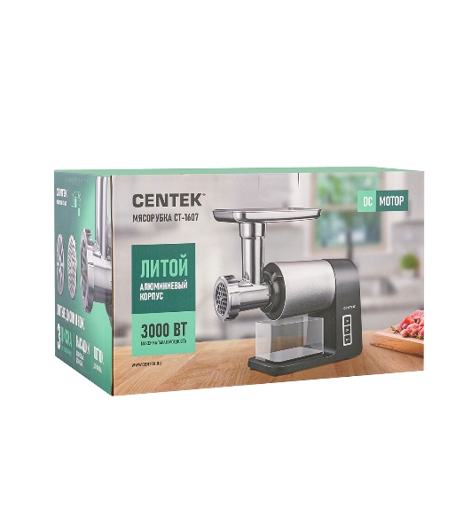 Мясорубка электрическая Centek CT-1607 серый, 3000 Вт, 3.0 кг/мин, реверс, металлический лоток, насадки - 5