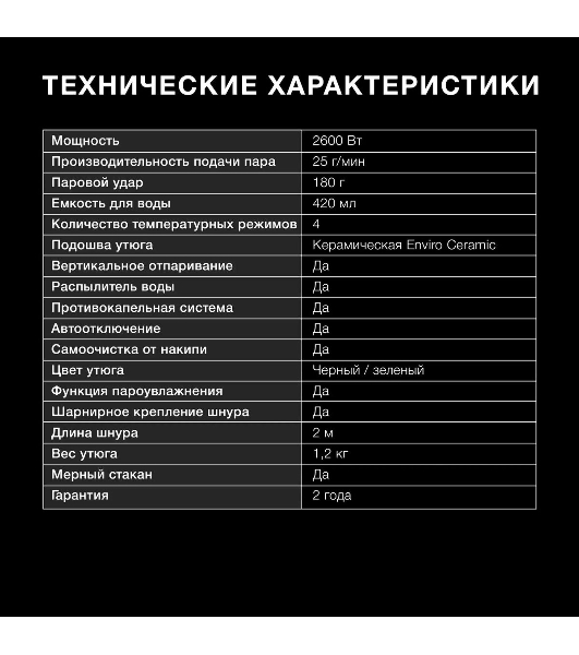 Утюг Hyundai H-SI01124 черный/зеленый, 2600 Вт, 25 г/мин, 220 г/мин, 420 мл