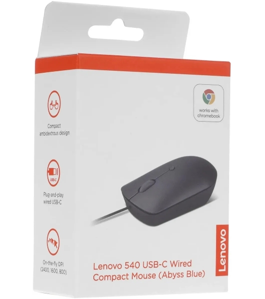 Мышь проводная Lenovo 540 синий, 2400 dpi, USB-C, кнопки - 4