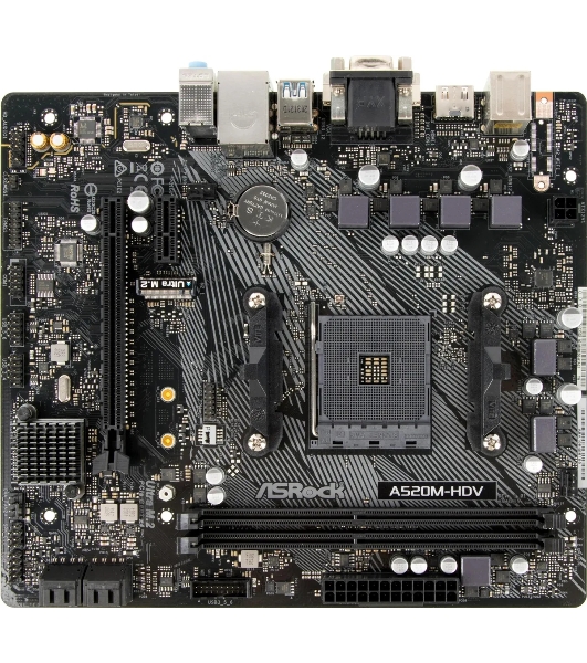Материнская плата ASRock A520M-HDV, AMD A520, 2x1x M.2 , 1x PCI-E x16, 1x PCI-E x1, 1x D-Sub есть, 1x HDMI есть, 1x DVI есть, 1x DP нет, 1x 1Gb LAN Wi-Fi нет, BT нет, 2x USB 2.0, 2x USB 3.2 Gen1, 7.1, microATX