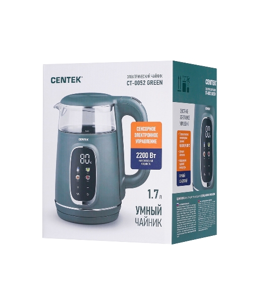Электрочайник Centek CT-0052 зеленый, 1.7 л, 2200 Вт, скрытый нагревательный элемент, поддержание температуры