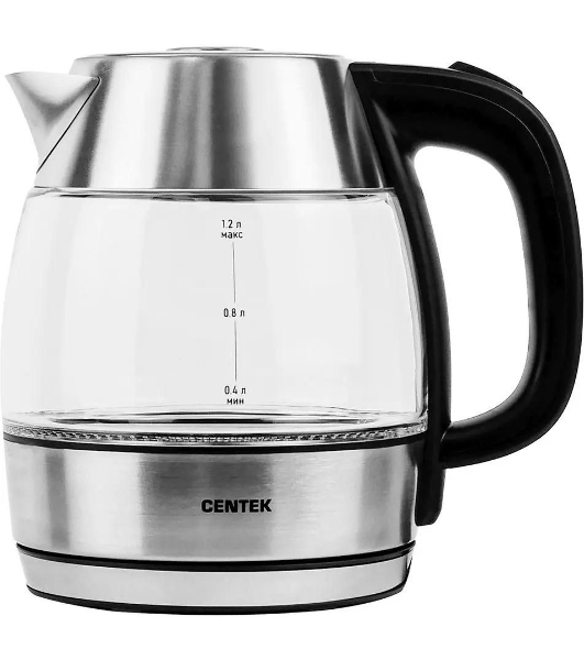 Чайник электрический Centek CT-0018, 1.2л, 1600Вт, стекло, серебристый