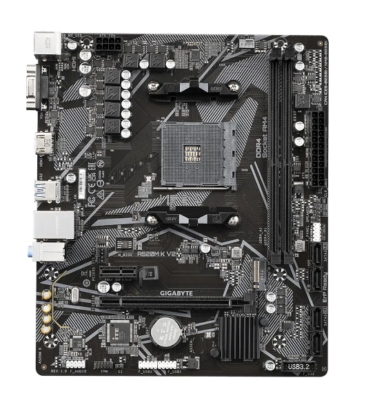 Материнская плата Gigabyte A520M K V2 (V1.1), AM4, AMD A520, 2xDDR4, 4xSATA, 1xM.2, 1xPCIe 3.0 x16, 1xHDMI, 1xVGA, 1x 1Gb LAN, 2xUSB-A 2.0, 4xUSB 3.2 Gen 1, 3x3.5 мм, 7.1, mATX