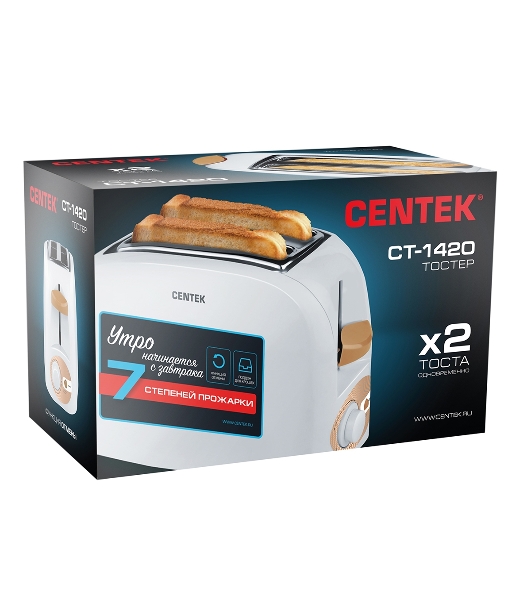 Тостер Centek CT-1420 белый, 750 Вт, 2 слота