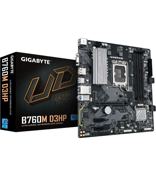 Материнская плата Gigabyte B760M D3HP DDR5, LGA 1700, Intel B760, 4xDDR5, 4xSATA, 2xM.2, 1xPCIe 4.0 x16, 1xPCIe x1, 1xHDMI, 1xVGA, 1xDP, 1x 1Gb LAN, 3xUSB-A 3.2 Gen 1, 2xUSB-A 2.0, 3x3.5 мм, 7.1, mATX