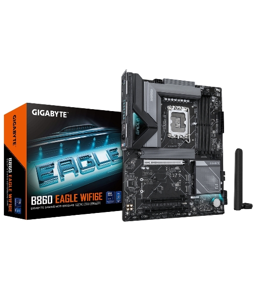 Материнская плата Gigabyte B860 EAGLE WIFI6E, LGA 1851, Intel B860, 4xDDR5, 4xSATA, 3xM.2, 1xPCIe 5.0 x16, 2xPCIe 4.0 x16, 1xHDMI, 1xDP, 1x 2.5Gb LAN, 4xUSB-A 2.0, 1xUSB-A 3.2 Gen 1, 1xUSB-A 3.2 Gen 2, 1xUSB-C 3.2 Gen 2x2, 7.1, 3x3.5 мм, ATX