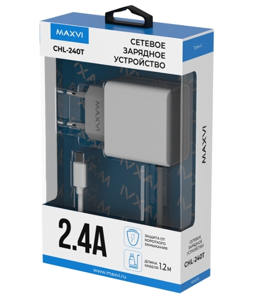 Сетевое зарядное устройство Maxvi CHL-240T 2.4A, with Type-C cable, белый