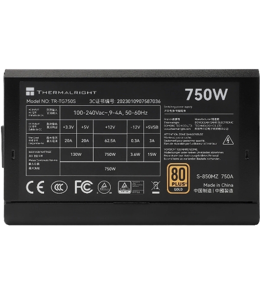 Блок питания Thermalright, 750W 80+ Gold (ATX, 3.0, PCIe 5.0, Non-modular, 1x24(20+4)pin, 1xCPU 8(4+4)pin, 2xPCIe*2 8(6+2)pin, 5xSATA3, 1x12+4pin (12VHPWR PCIe 5.0 12+4pin 600mm), 3xMOLEX4pin, Active, 120x120мм, 150x140x86mm, APFC, black)