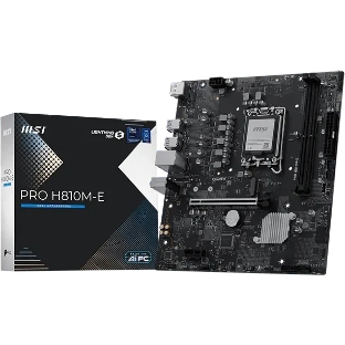 Материнская плата MSI PRO H810M-E, LGA 1851, Intel H810, 2xDDR5 (до 128 ГБ), 4xSATA, 1xM.2 (PCIe 4.0 x4), 1xPCIe 5.0 x16, 1xPCIe x1, 1xHDMI, 1xDP, 1x2.5Gb LAN, 2xUSB-A 5Gbps, 4xUSB-A 2.0, 3x3.5 мм, 7.1, чёрный, mATX