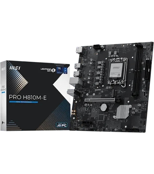 Материнская плата MSI PRO H810M-E, LGA 1851, Intel H810, 2xDDR5 (до 128 ГБ), 4xSATA, 1xM.2 (PCIe 4.0 x4), 1xPCIe 5.0 x16, 1xPCIe x1, 1xHDMI, 1xDP, 1x2.5Gb LAN, 2xUSB-A 5Gbps, 4xUSB-A 2.0, 3x3.5 мм, 7.1, чёрный, mATX