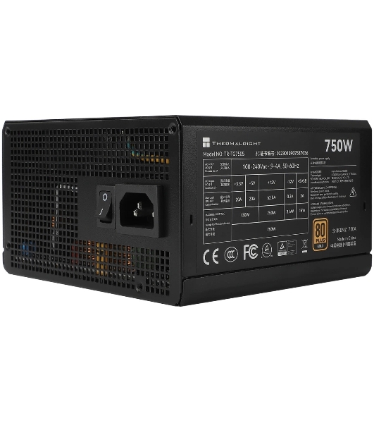 Блок питания Thermalright, 750W 80+ Gold (ATX, 3.0, PCIe 5.0, Non-modular, 1x24(20+4)pin, 1xCPU 8(4+4)pin, 2xPCIe*2 8(6+2)pin, 5xSATA3, 1x12+4pin (12VHPWR PCIe 5.0 12+4pin 600mm), 3xMOLEX4pin, Active, 120x120мм, 150x140x86mm, APFC, black)