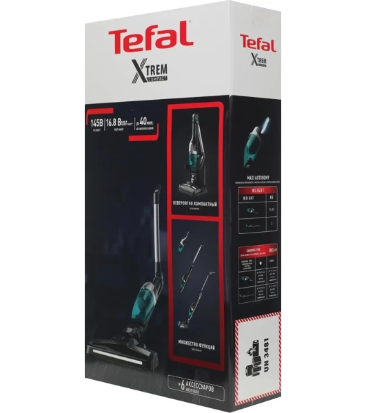 Пылесос вертикальный Tefal Xtrem Compact Essential TY1239WO лазурный/серый, питание от аккумулятора, 145 Вт, уборка сухая, пылесборник 0.4 л