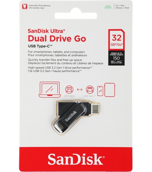 Флешка USB Sandisk DDC3 (SDDDC3-032G-G46), 32Gb, USB 3.0/USB Type-C, R/W 150/30, черный