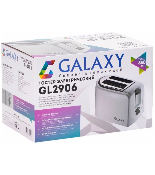 Тостер Galaxy GL 2906 белый, 850 Вт, 2 слота