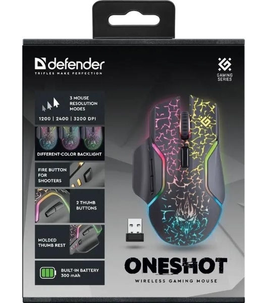 Мышь беспроводная Defender Oneshot GM-067 черный, 3200 dpi, радиоканал, USB, кнопки - 7