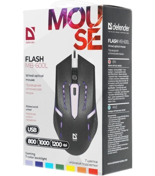Мышь проводная Defender Flash MB-600L черный, 1200 dpi, USB, кнопки - 4