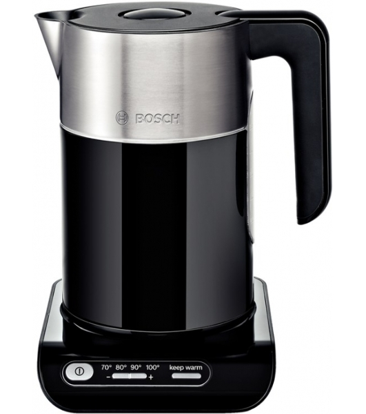 Электрочайник Bosch TWK8613 черный/серебристый, 1.5 л, 2400 Вт, скрытый нагревательный элемент, поддержание температуры