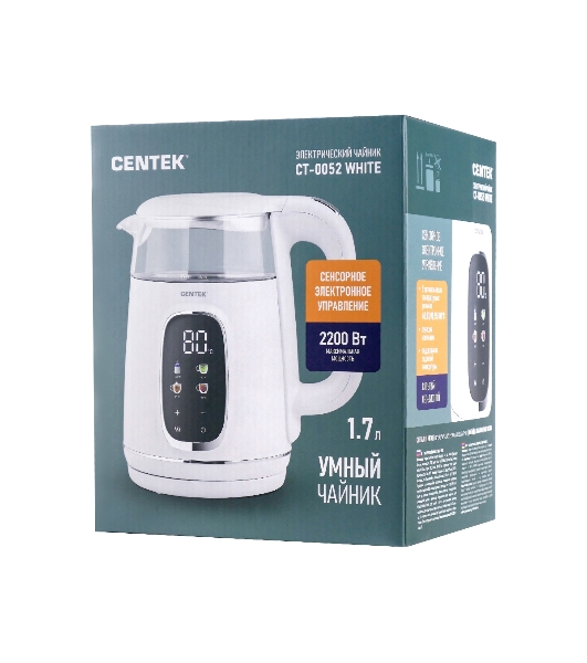 Электрочайник Centek CT-0052 белый, 1.7 л, 2200 Вт, скрытый нагревательный элемент, поддержание температуры