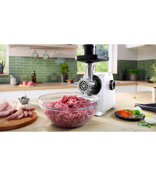 Мясорубка электрическая Bosch MFWS609W белый/черный, 2100 Вт, 3.5 кг/мин, реверс, насадки - 4