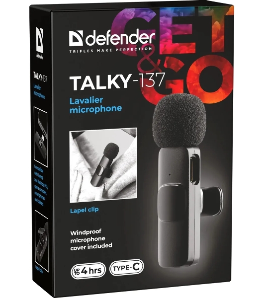 Петличный микрофон Defender Talky-137 wrls, черный, на прищепке, 1шт