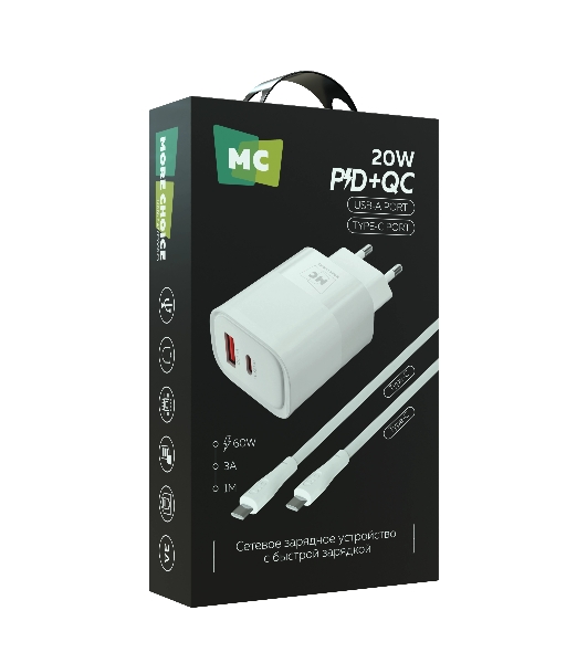 Сетевое зарядное устройство MORE CHOICE NC81a СЗУ 1USB+1Type-C 3.0A PD 20W+ QC3.0, белый