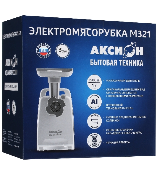 Мясорубка электрическая Аксион М321.04 белый, 1500 Вт, 1.7 кг/мин, реверс, защита от перегрузки, насадки - 4