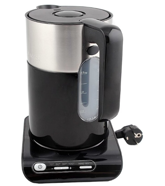 Электрочайник Bosch TWK8613 черный/серебристый, 1.5 л, 2400 Вт, скрытый нагревательный элемент, поддержание температуры