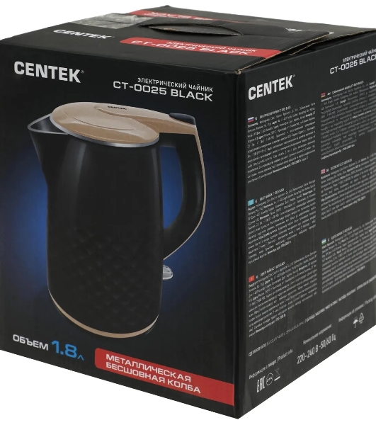 Чайник электрический Centek CT-0025 черный металл 1.8л, 1800W, двойные стенки, кнопка вкл. на ручке