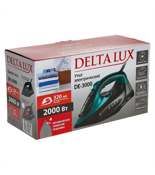 Утюг Delta Lux DE-3000 черный/бирюзовый, 2000 Вт, 20±5 г/мин, 130 г/мин, 320 мл