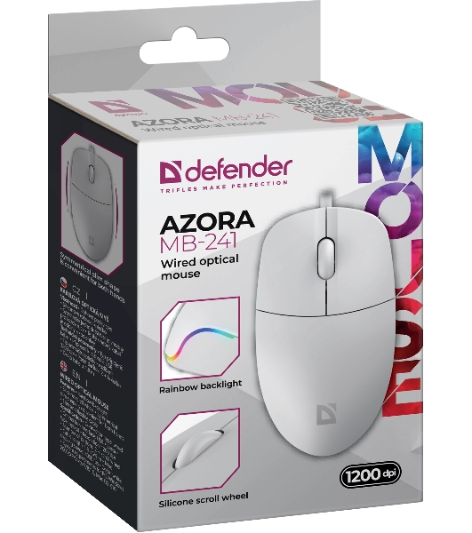 Мышь проводная Defender Azora MB-241 белый, 1200 dpi, USB, кнопки - 3