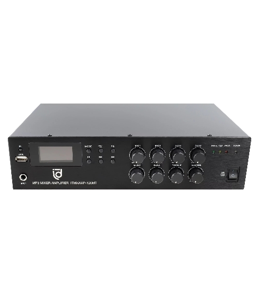Микшер-усилитель Intrend ITMXAMP-120MT MP3, FM тюнер, USB, Bluetooth, 2хMic/3хLine входы, 1хLine выход,120 Вт, 4/8Ом/100V, IR-пульт в комплекте