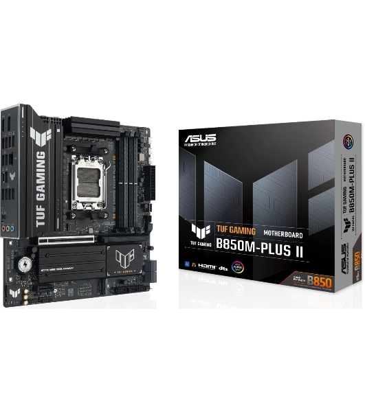 Материнская плата ASUS TUF GAMING B850M-PLUS II, AM5, AMD B850, 4xDDR5, 4xSATA, 3xM.2, 1xPCIe 5.0 x16, 1xPCIe 4.0 x1, 1xHDMI, 1xDP, 1x2.5Gb LAN, 1xUSB-C 20Gbps, 3xUSB-A 10Gbps, 4xUSB-A 5Gbps, 4xUSB-A 2.0, 3x3.5 мм, 7.1, mATX