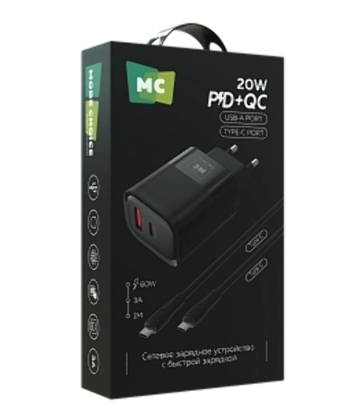 Сетевое зарядное устройство MORE CHOICE NC81a СЗУ 1USB+1Type-C 3.0A PD 20W+ QC3.0, черный