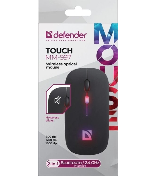 Мышь беспроводная Defender Touch MM-997 черный, 1600 dpi, радиоканал, Bluetooth, USB, кнопки - 4