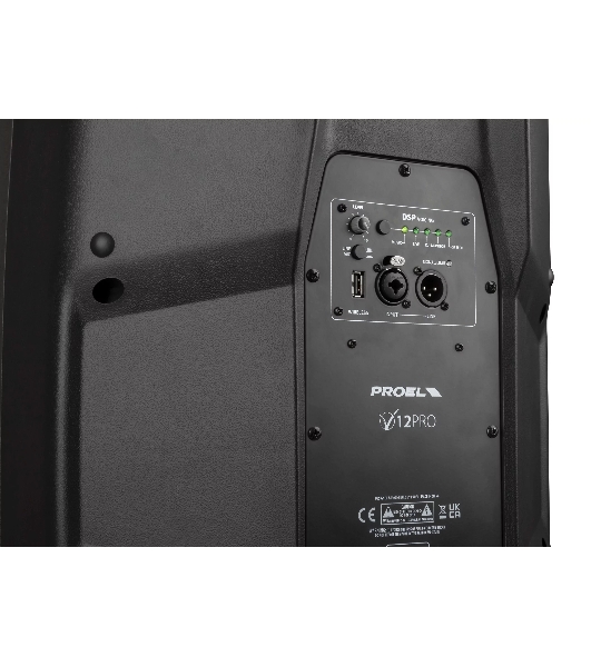 Активная акустическая система PROEL V12PRO 2-х полосная, НЧ динамик 12', ВЧ динамик 1', DSP, мощность пик./ном. 600/300 Вт, АЧХ 50-20000 Гц, макс. SPL 124 дБ, Combo XLR/TRS мик./лин. вход, XLR лин. выход, USB-A порт для радиосистем U24B/U24H