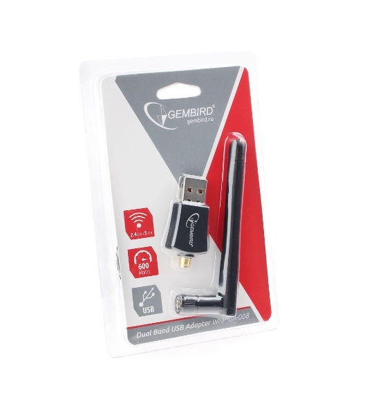 Сетевой адаптер Wi-Fi+Bluetooth Gembird WNP-UA-019, двухдиапазонный с антенной, 600Мбит, USB, 802.11b/a/g/n/a